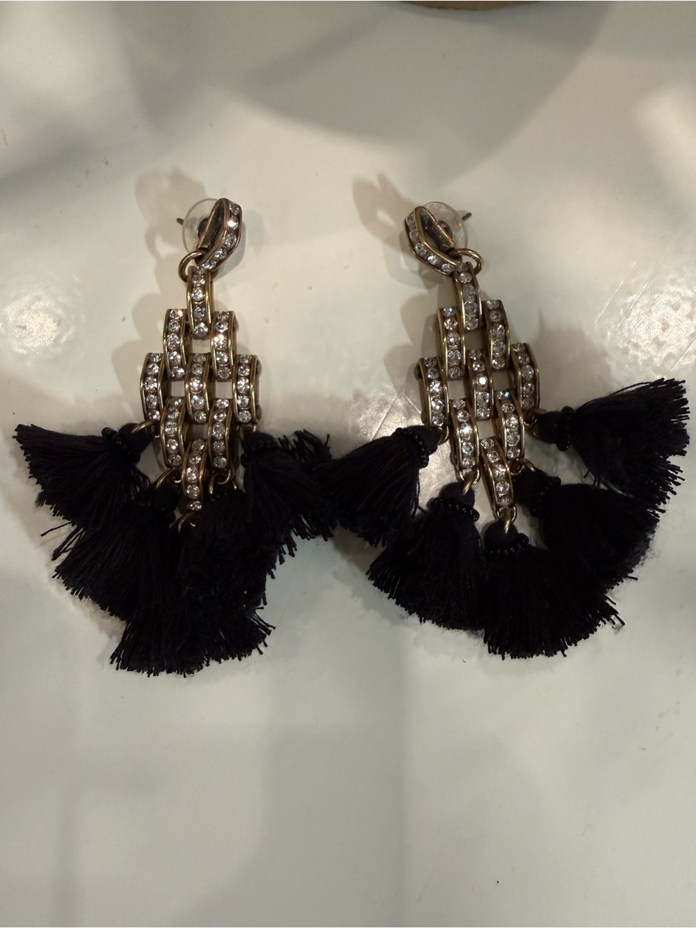 J. Crew Black Crystal Link Tassel Earrings